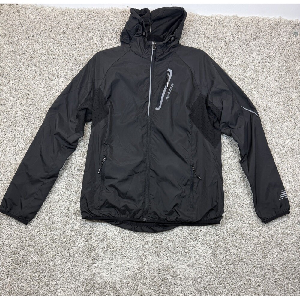 New Balance Mens Large Black Hooded Running Windbreaker Jacket Reflective Zip